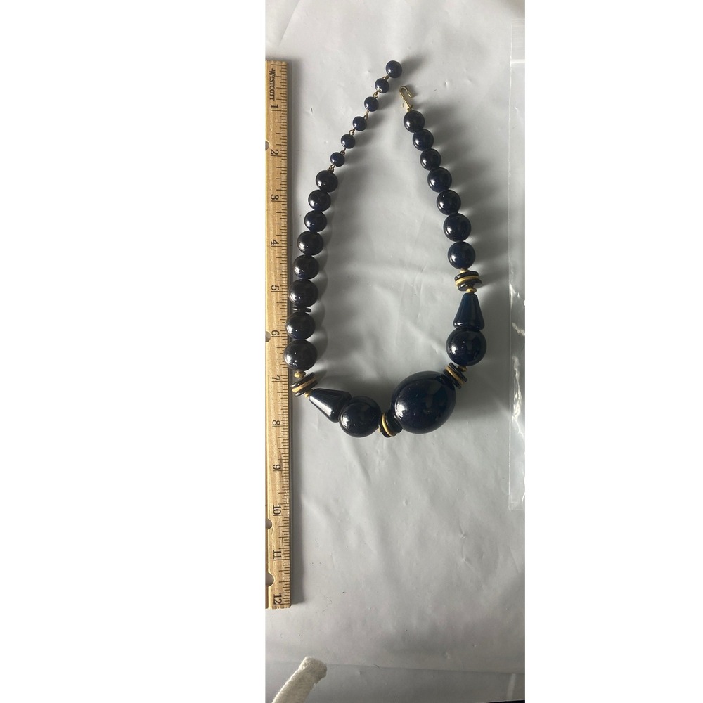 Vintage Navy Blue Chunky Bead Choker Necklace Gold‎ Tone Hook Closure